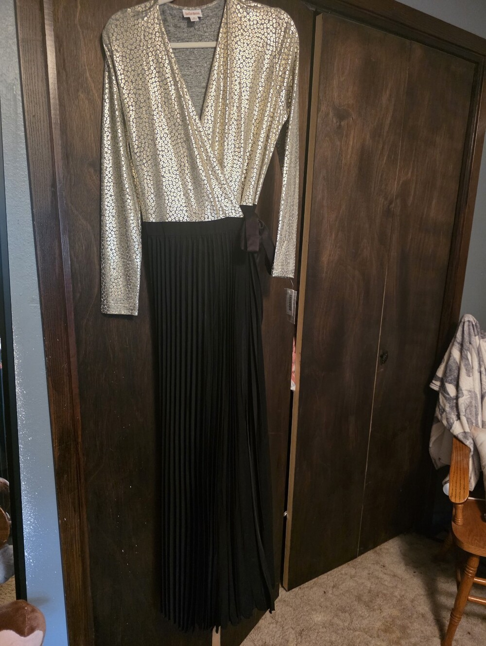 Metallic Silver Wrap Top & Black Pleated Maxi Dress
